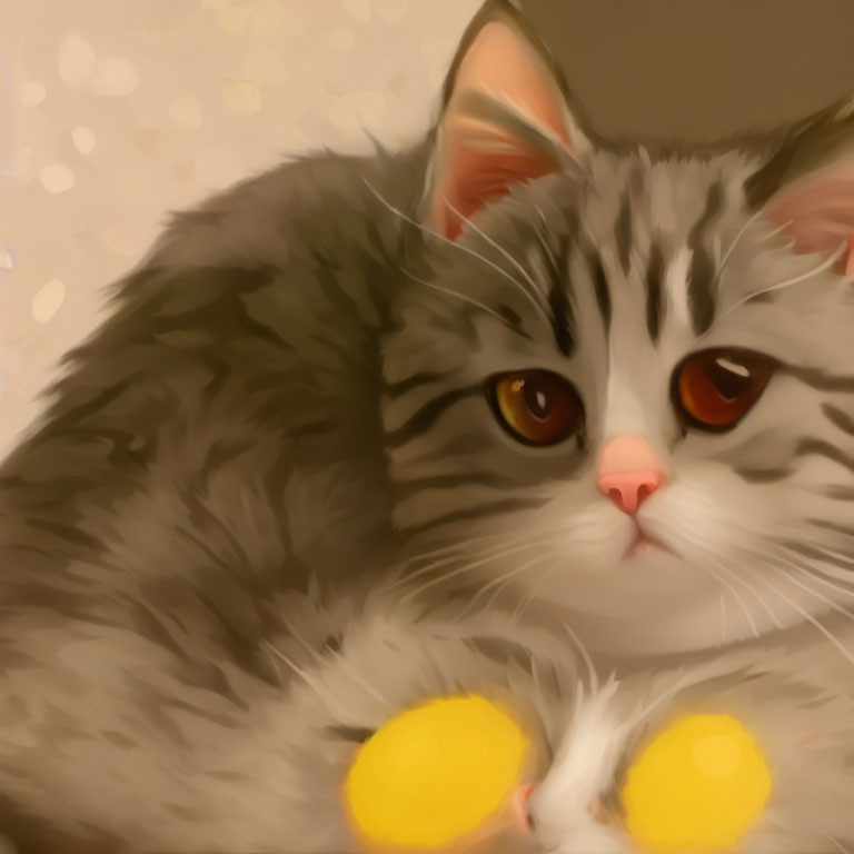 Fluffy grey and white cat digital painting with amber eyes and yellow ball