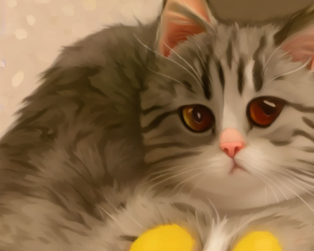 Fluffy grey and white cat digital painting with amber eyes and yellow ball