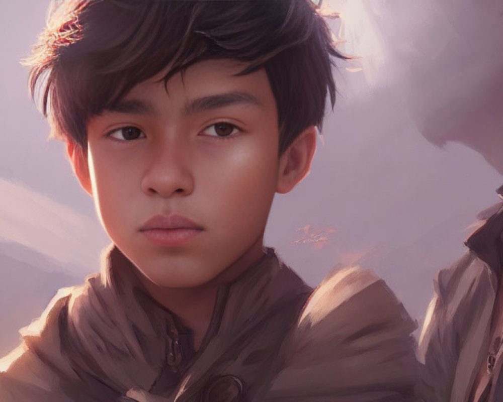 Young boy with tousled hair and intense gaze in brown jacket, digital portrait.