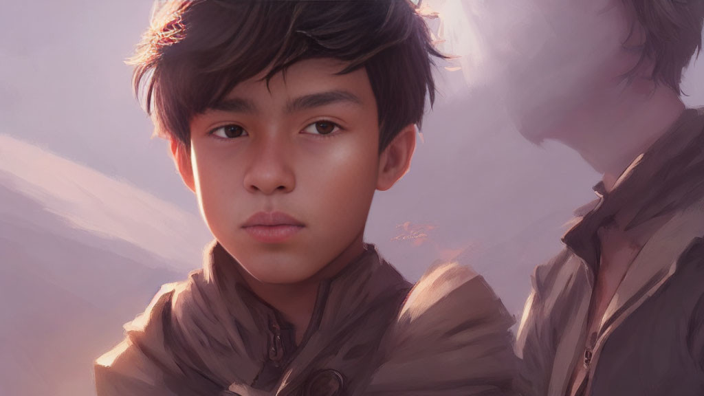 Young boy with tousled hair and intense gaze in brown jacket, digital portrait.