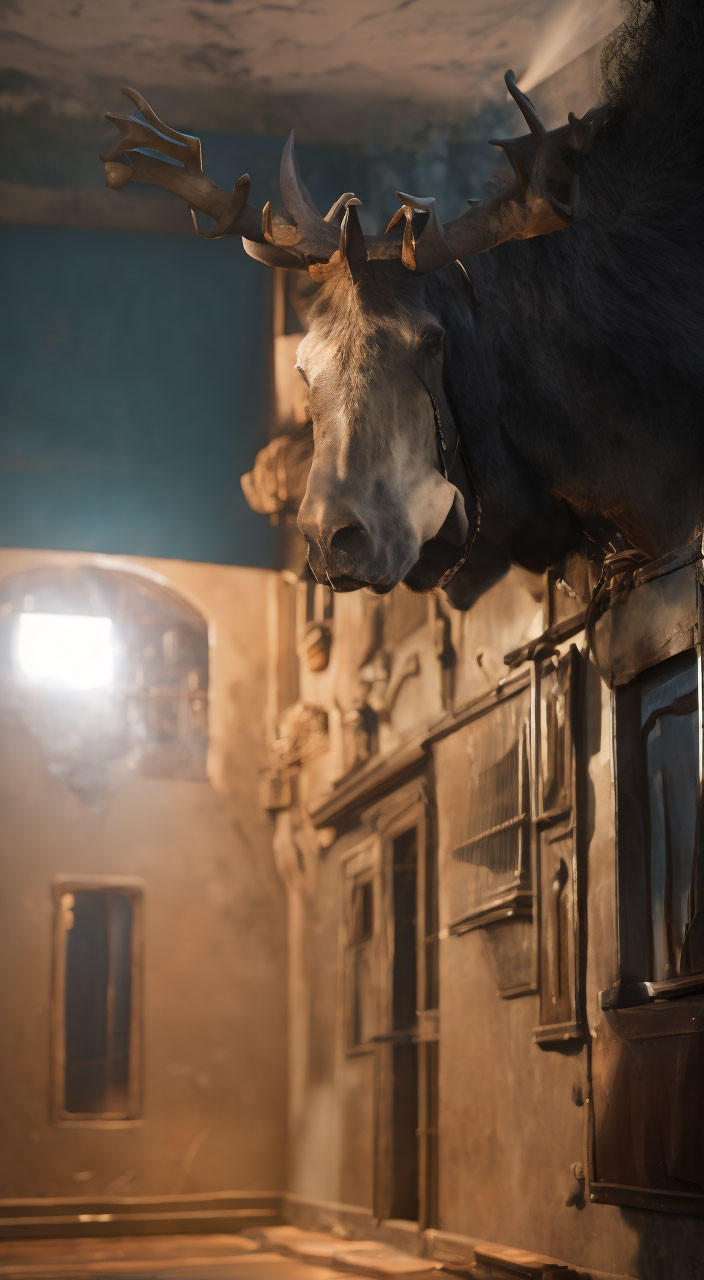 Mounted moose head on dimly lit wall with ornate wooden decor