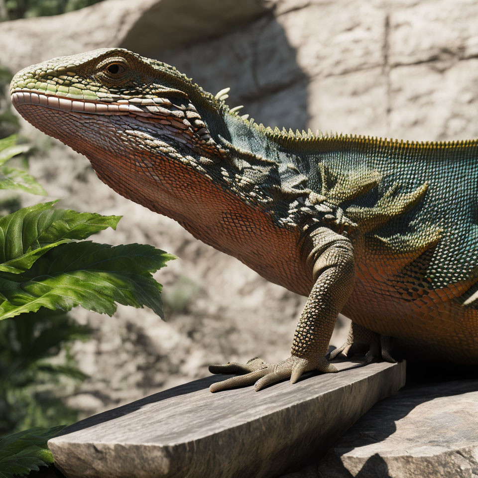 Colorful lizard with green scales basking on wooden platform among foliage and rocks