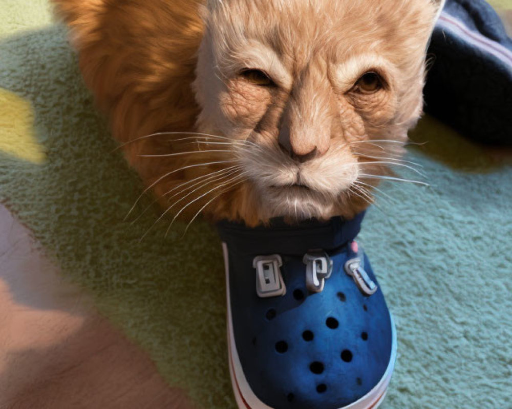 Ginger cat poking head through blue Croc-style shoe in sunlit room