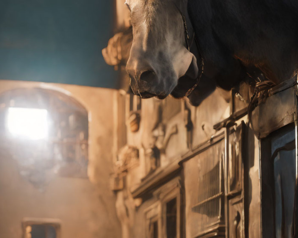 Mounted moose head on dimly lit wall with ornate wooden decor