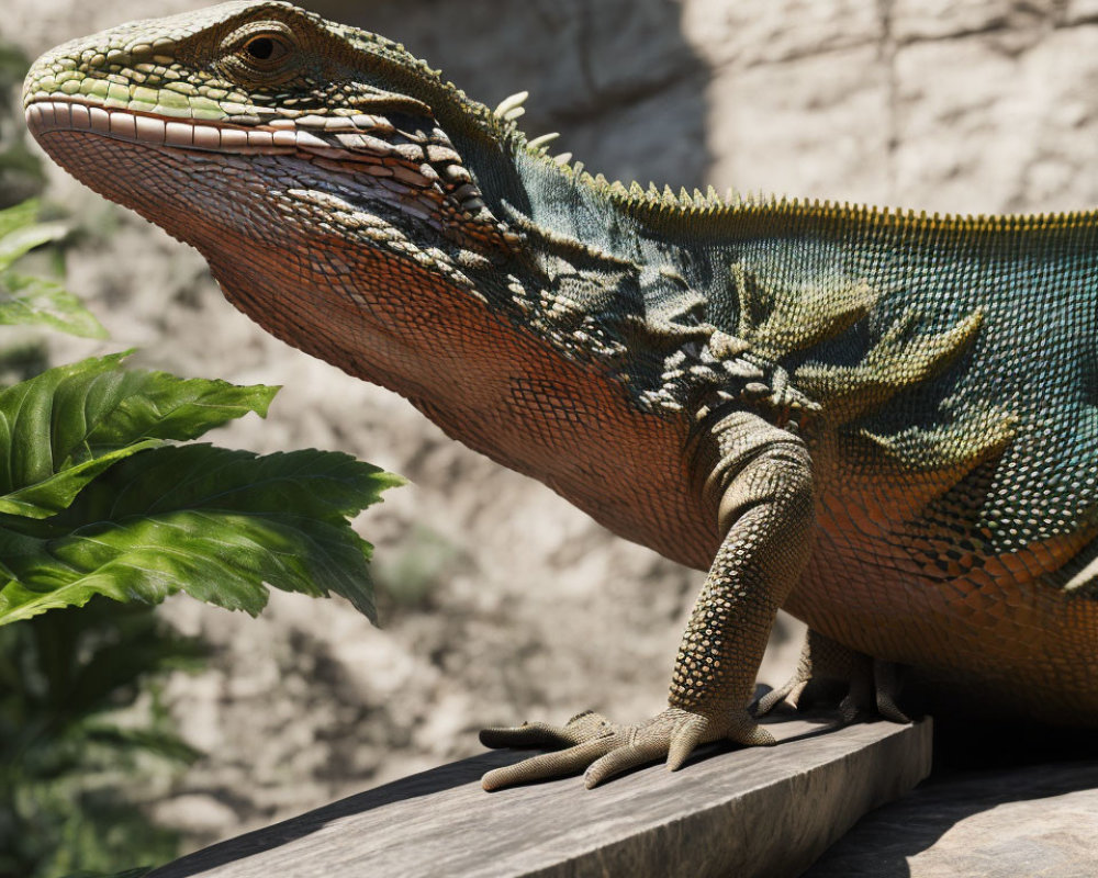 Colorful lizard with green scales basking on wooden platform among foliage and rocks