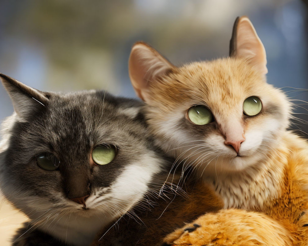 Two Cats Close Together: Grey Striped and Orange & White with Green Eyes