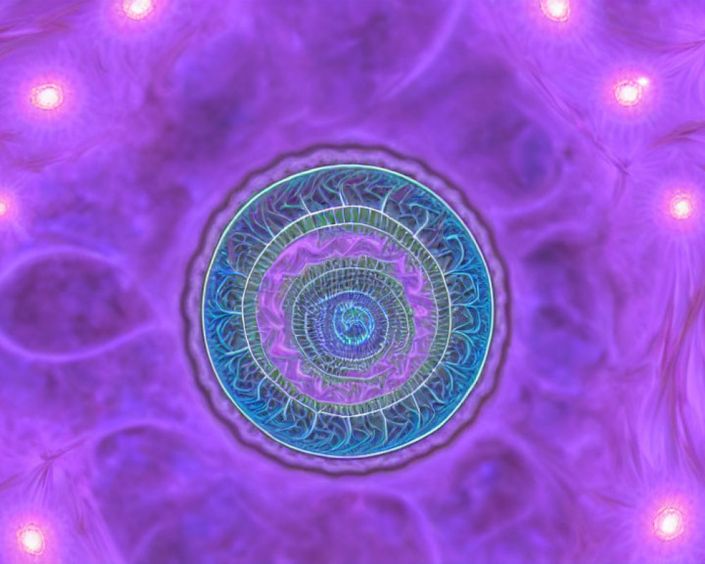 Colorful abstract mandala art with blue and green center on purple backdrop