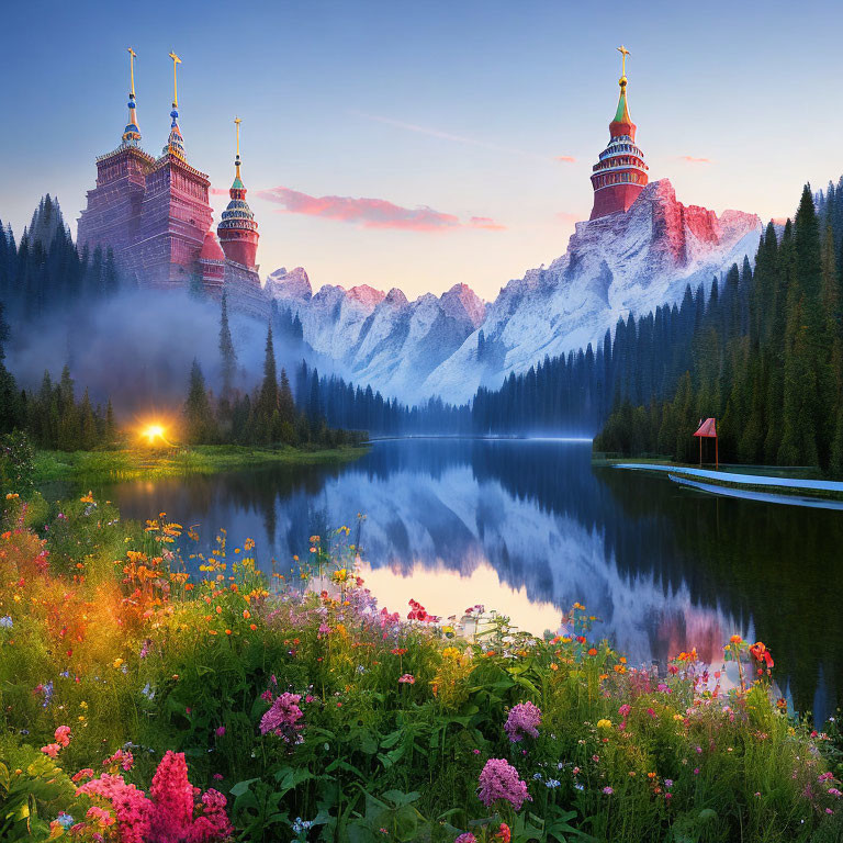 Scenic sunrise over lake, mountains, towers, wildflowers & mist