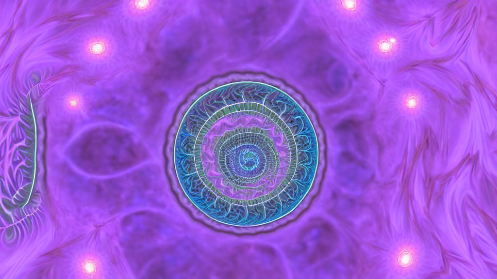 Colorful abstract mandala art with blue and green center on purple backdrop