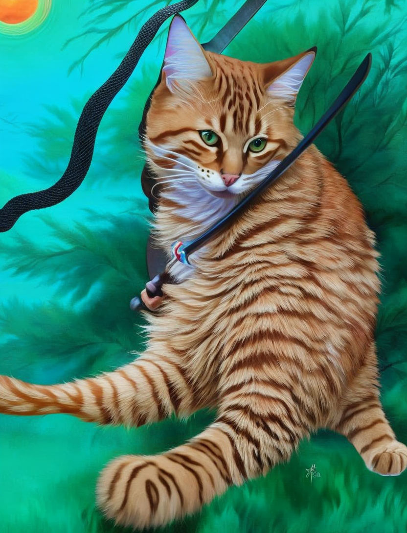 Orange Tabby Cat with Blue Bow Tie on Green Background with Leash