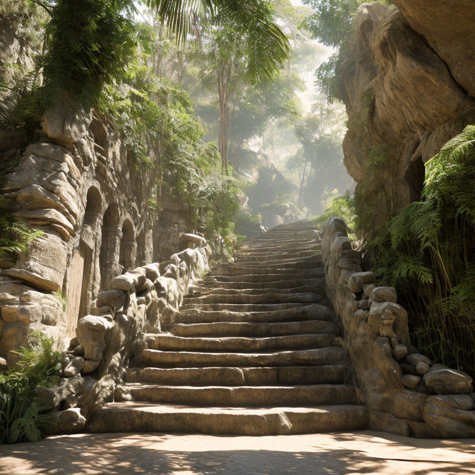 Stone staircase in lush forest with sunlight filtering through trees