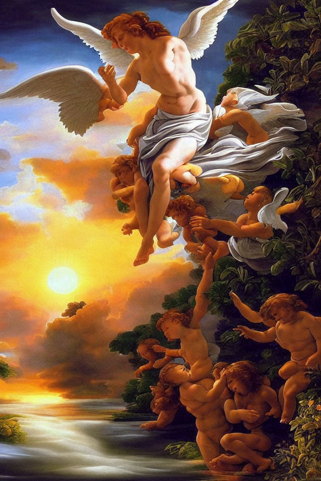 Angel with widespread wings near flowing river at sunset with cherubs in lush greenery