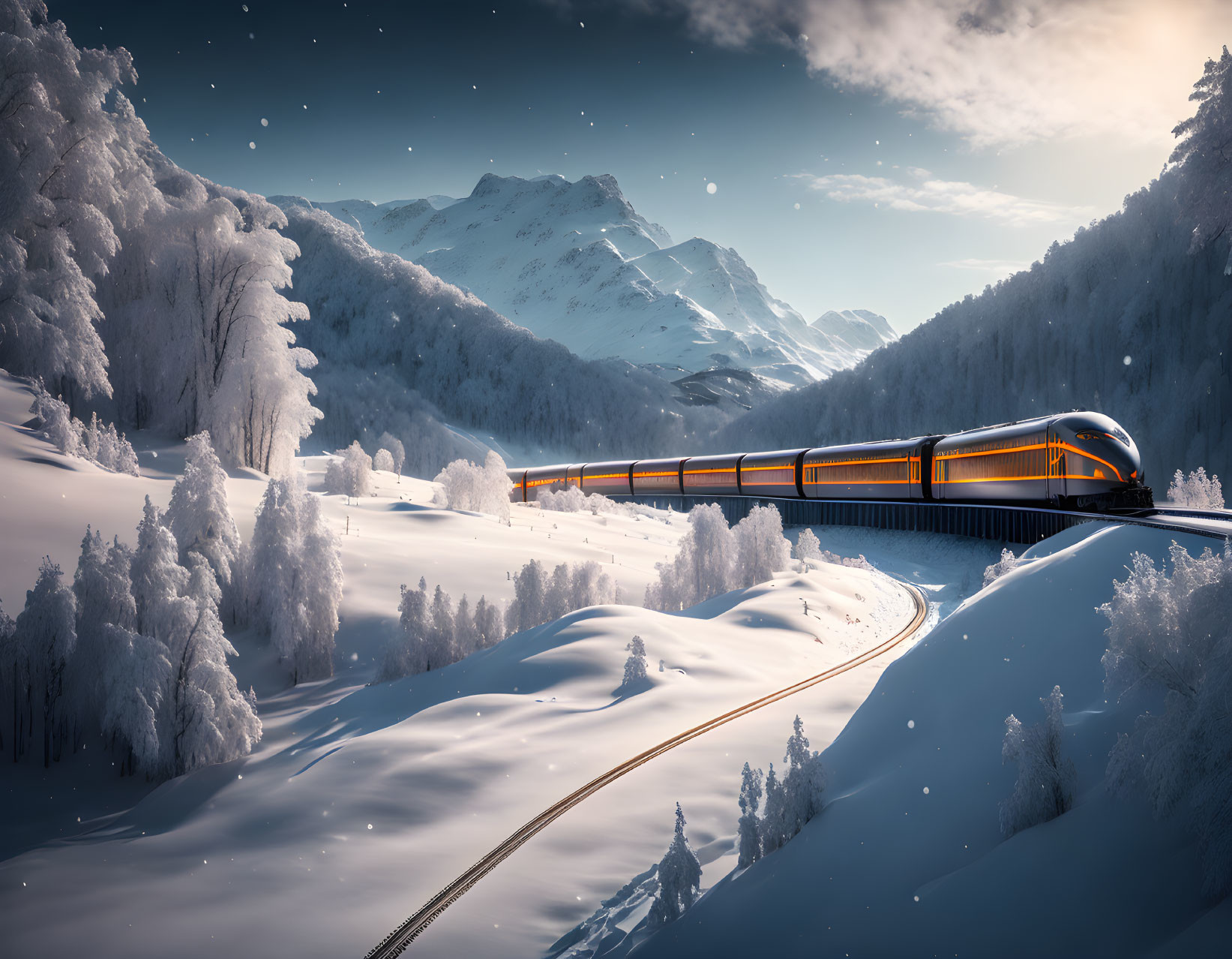 Orange and Black Train in Snowy Mountain Landscape