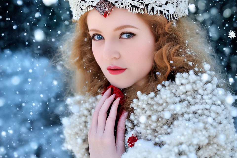 Woman with Red Lips and White Crown in Snowfall