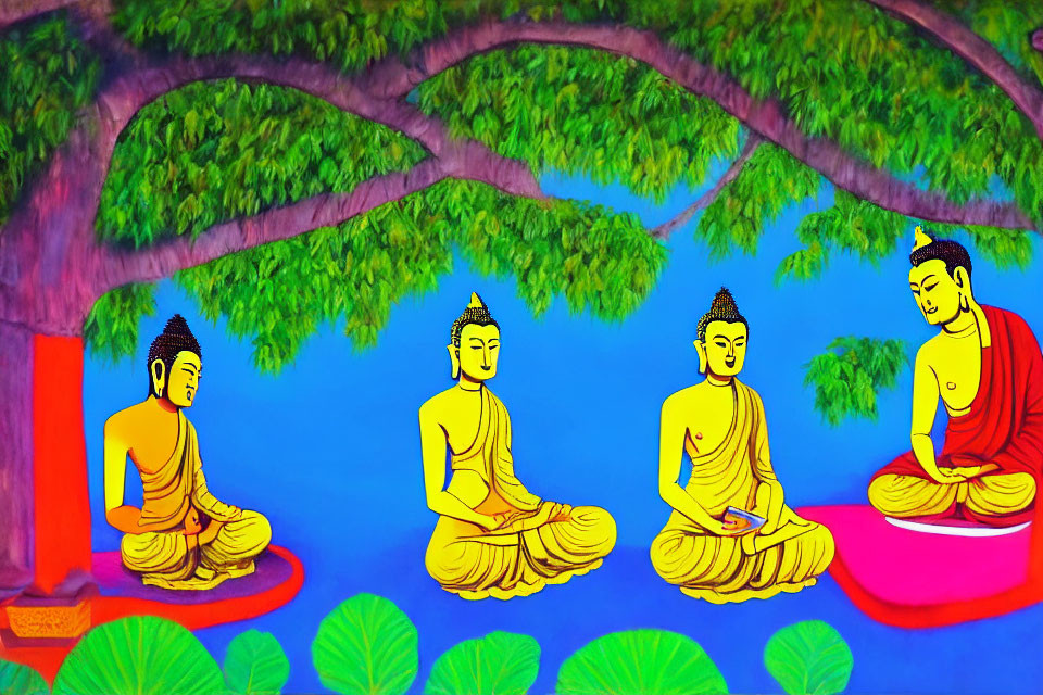 Vibrant Buddha Figures Meditating Under Green Tree