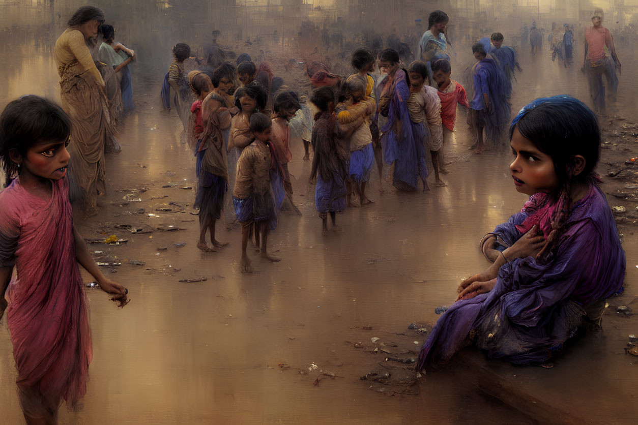 Dusty children celebrate with contemplative girl in foreground