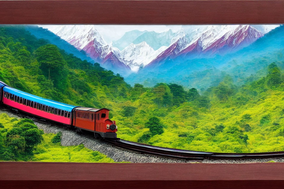 Red train in lush landscape with snowy mountains - wall art