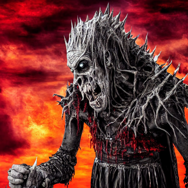 Spiky figure in tattered clothes under fiery red sky