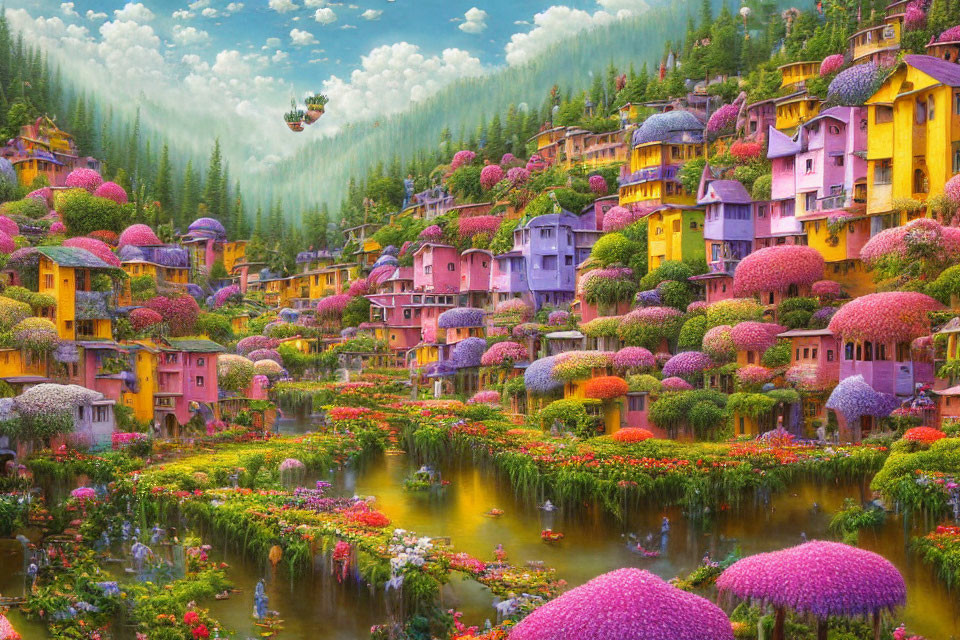 Colorful fantasy village with pink roofs in lush greenery, hot air balloon in misty sky