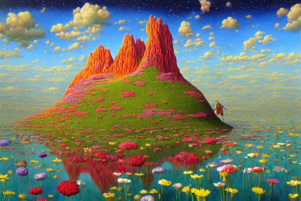 Colorful landscape painting: grassy hill, red sunlit peak, starry sky, vibrant flower