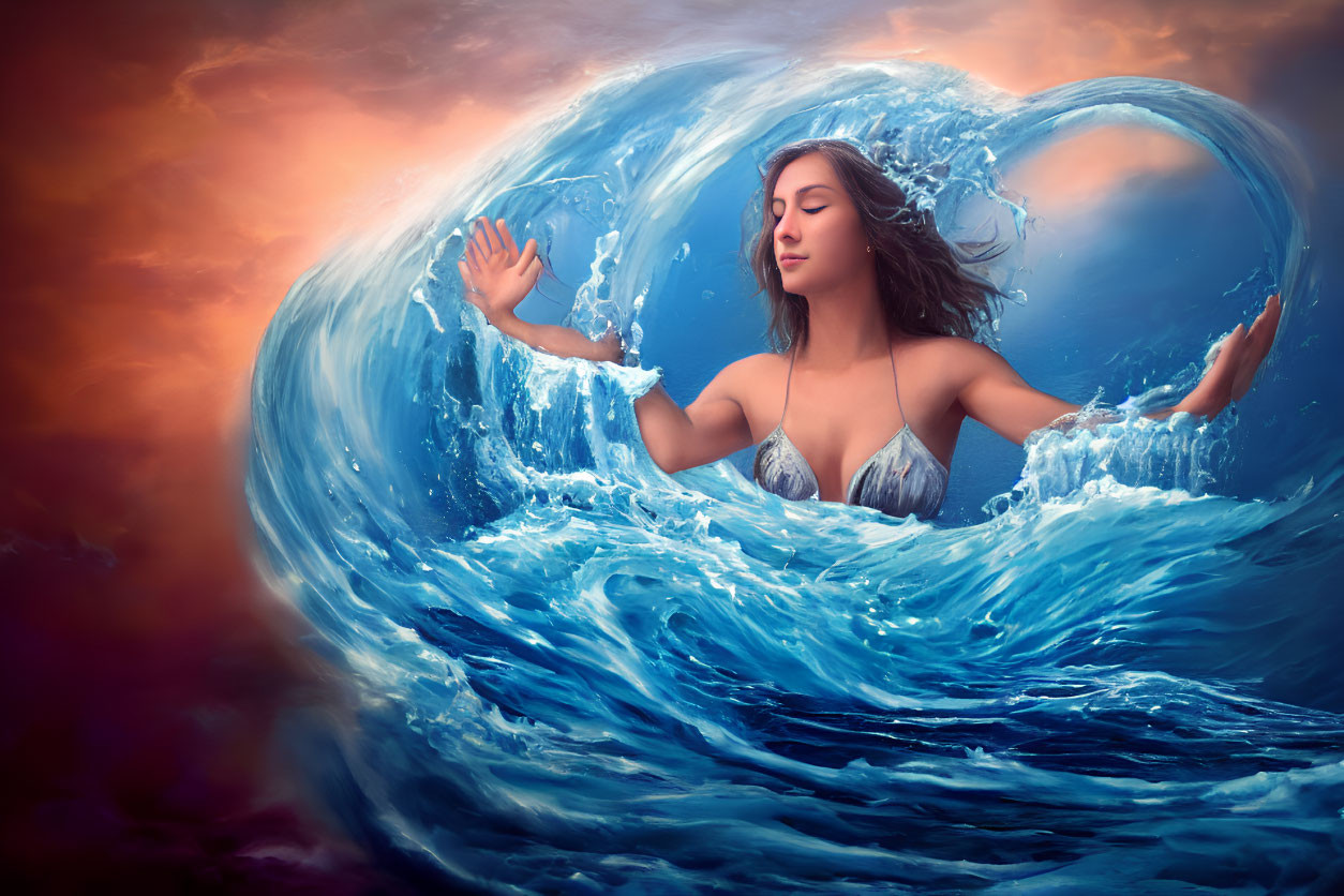 Woman emerging from heart-shaped wave under orange and blue sky