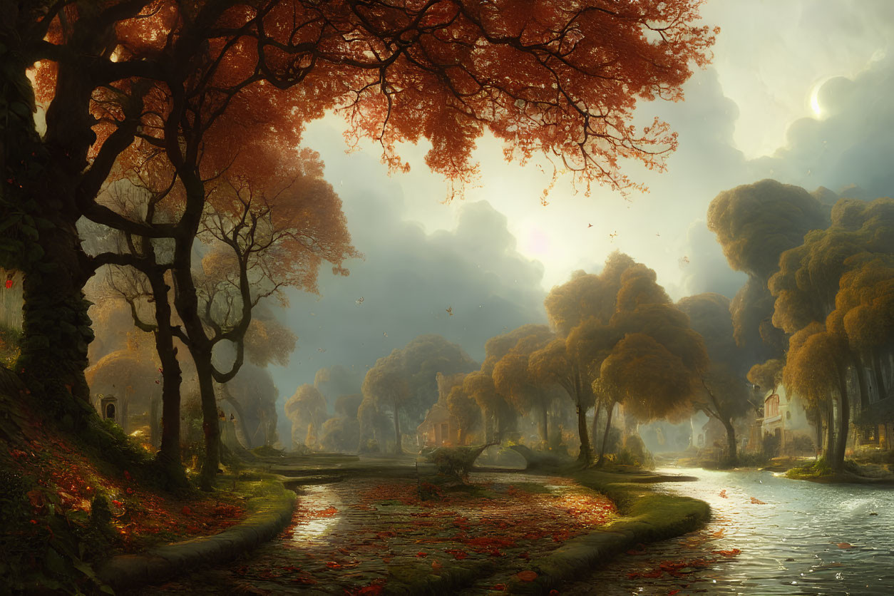 Ethereal autumn river scene with red trees and stone bridge