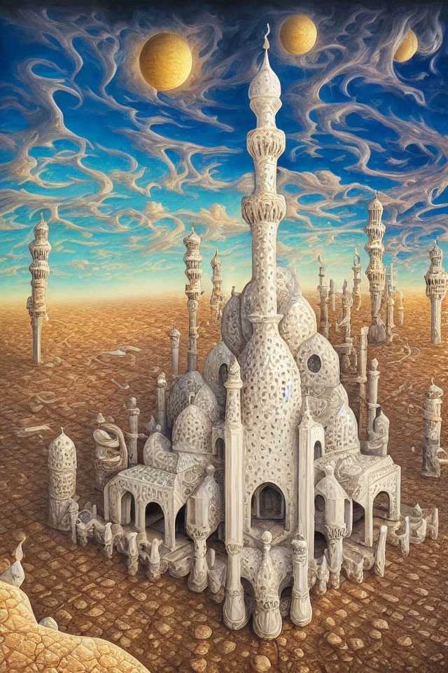 Intricate fantasy-style mosque in surreal landscape