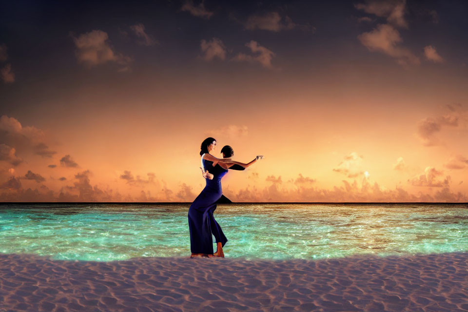 Woman in Blue Dress Dancing on Beach at Sunset with Turquoise Water