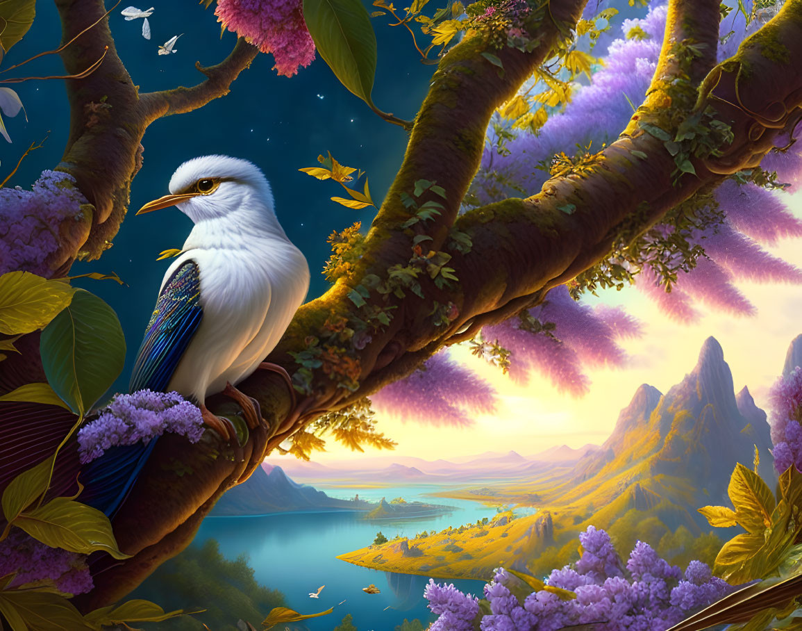 Majestic white bird on tree branch in fantasy landscape