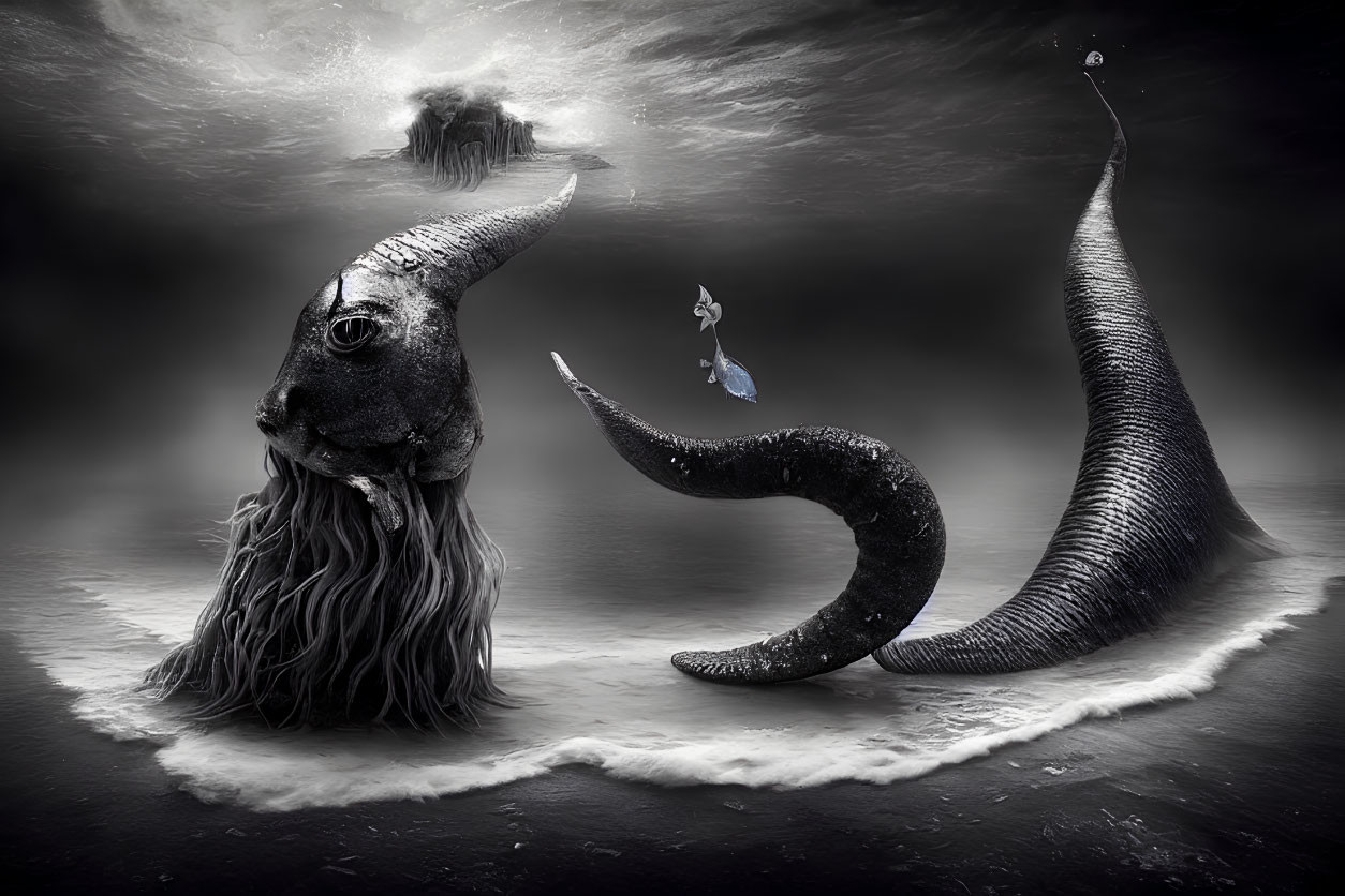 Surreal black and white image of creature in dreamlike landscape