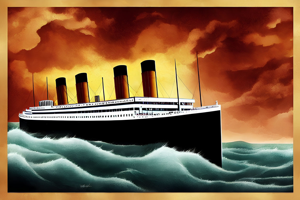 Illustration of RMS Titanic at sea with dramatic orange and yellow sky, showcasing black and white hull and