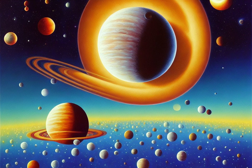 Surreal space scene with ringed planets, moons, and stars