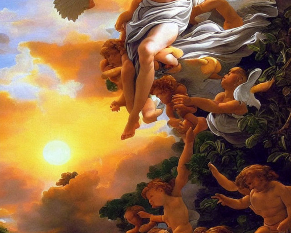 Angel with widespread wings near flowing river at sunset with cherubs in lush greenery