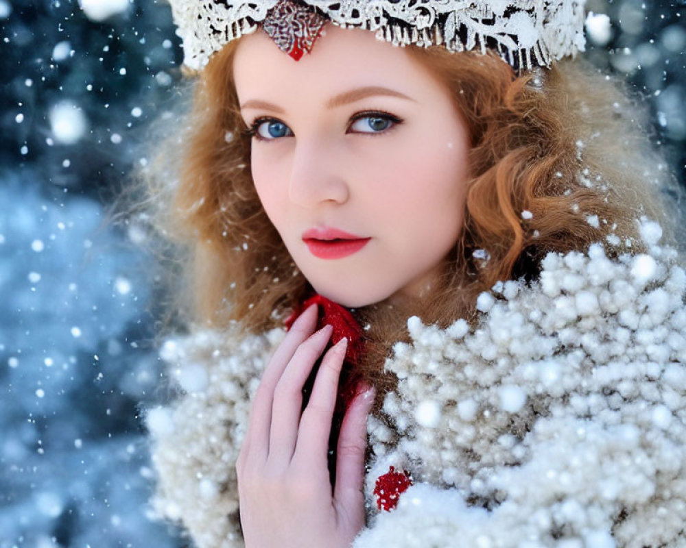 Woman with Red Lips and White Crown in Snowfall