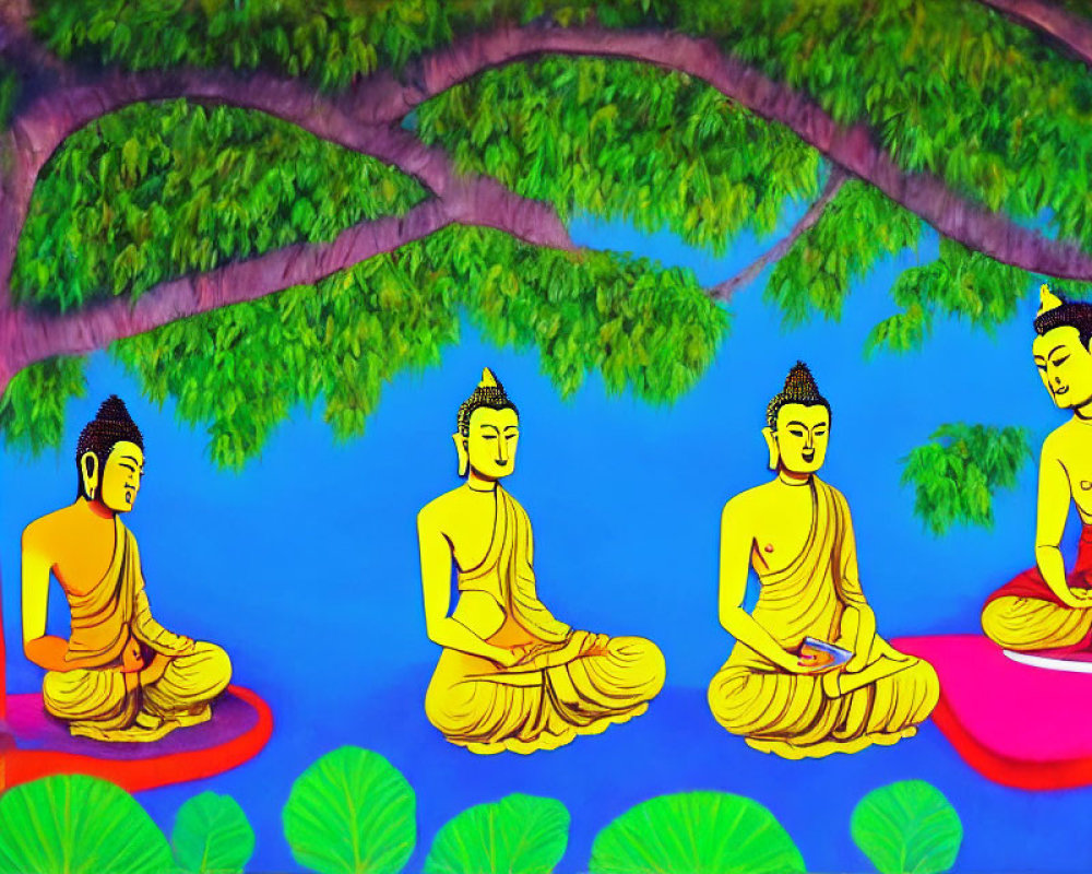 Vibrant Buddha Figures Meditating Under Green Tree