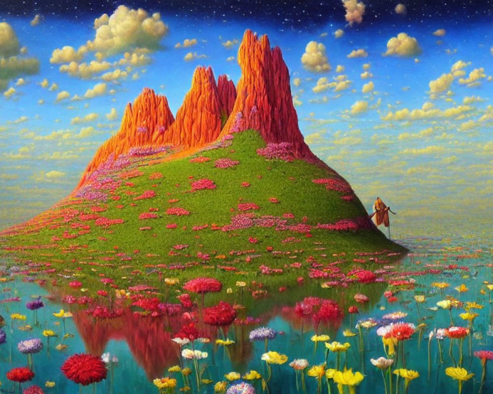 Colorful landscape painting: grassy hill, red sunlit peak, starry sky, vibrant flower