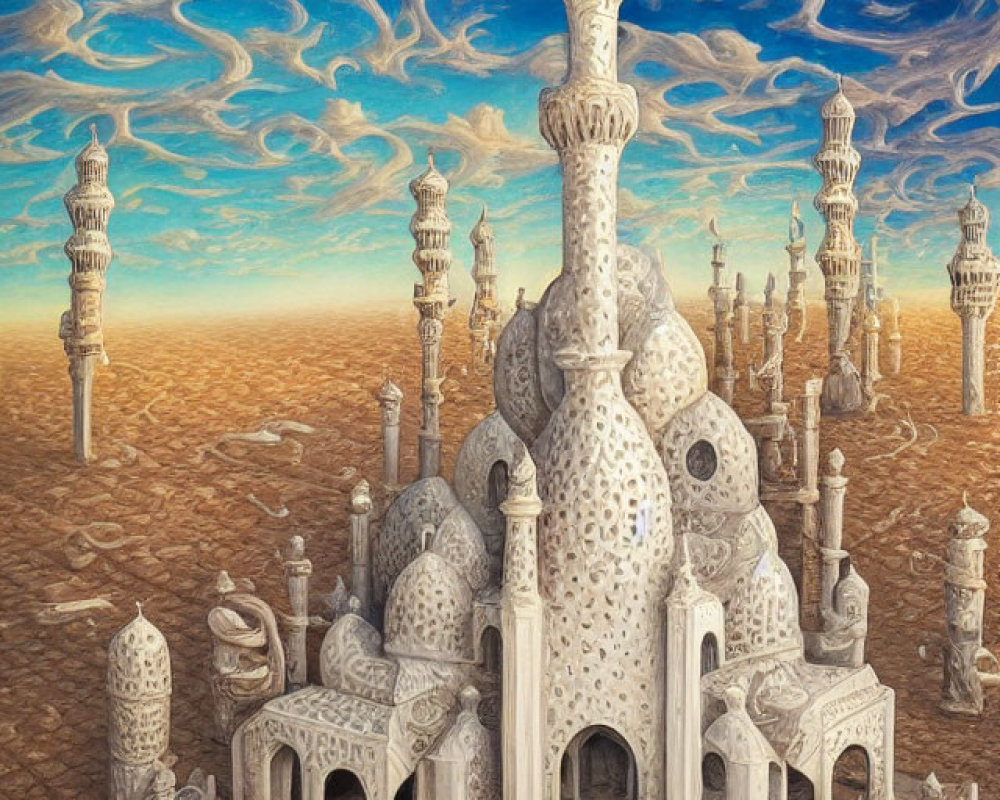 Intricate fantasy-style mosque in surreal landscape