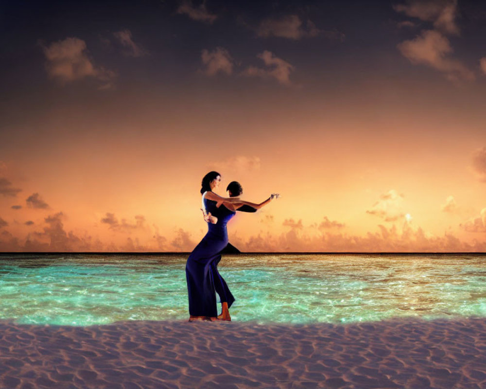 Woman in Blue Dress Dancing on Beach at Sunset with Turquoise Water