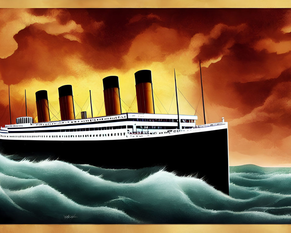 Illustration of RMS Titanic at sea with dramatic orange and yellow sky, showcasing black and white hull and