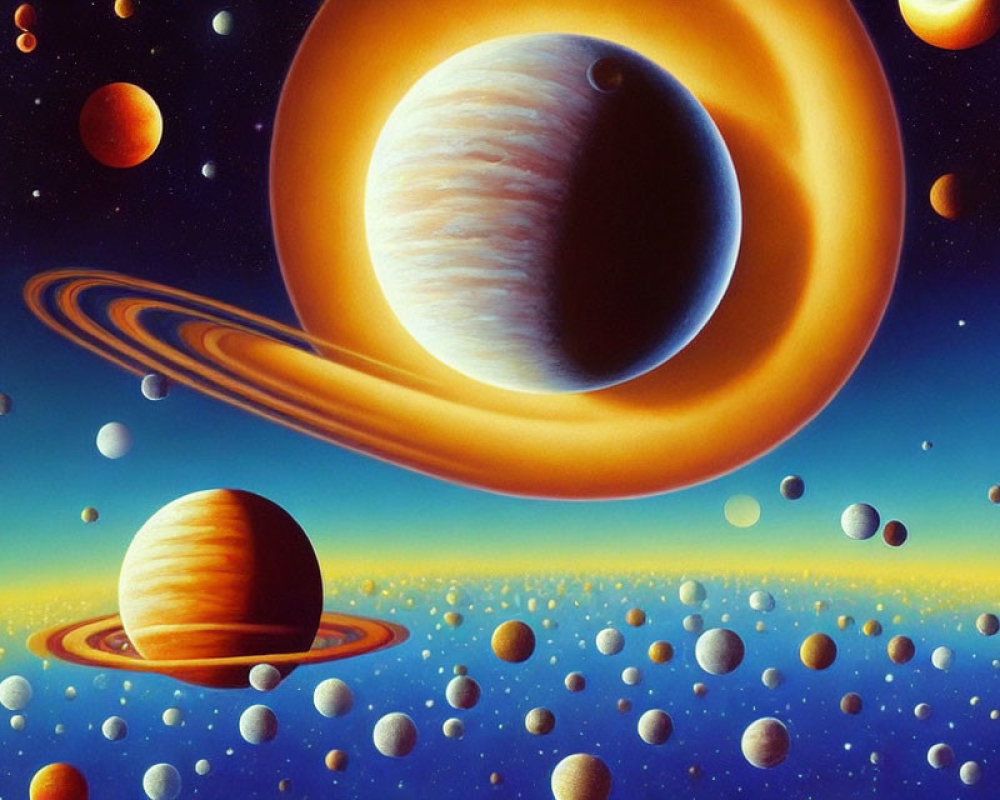 Surreal space scene with ringed planets, moons, and stars