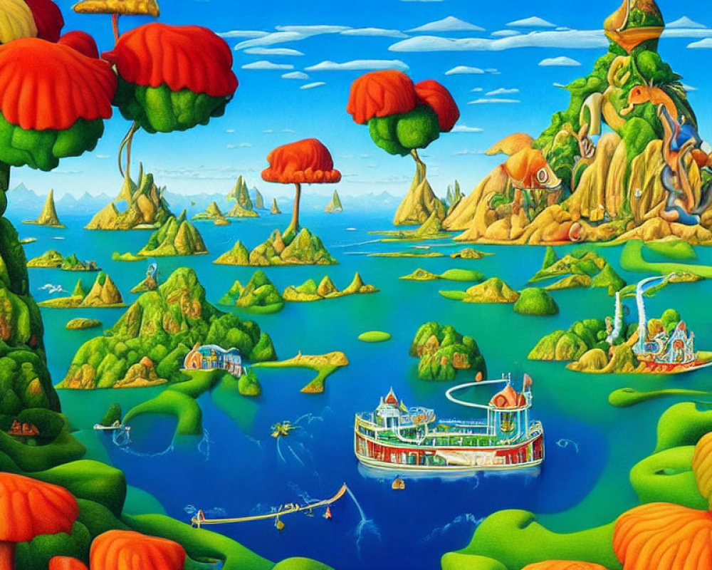 Fantastical landscape with colorful tree canopies and steamboat on blue-green waters