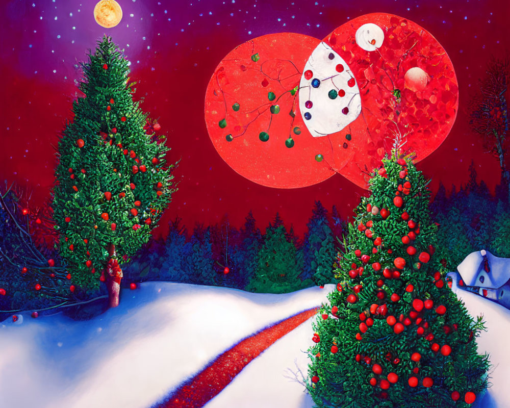 Night scene with Christmas trees, snow, red & purple sky, and floating ornaments