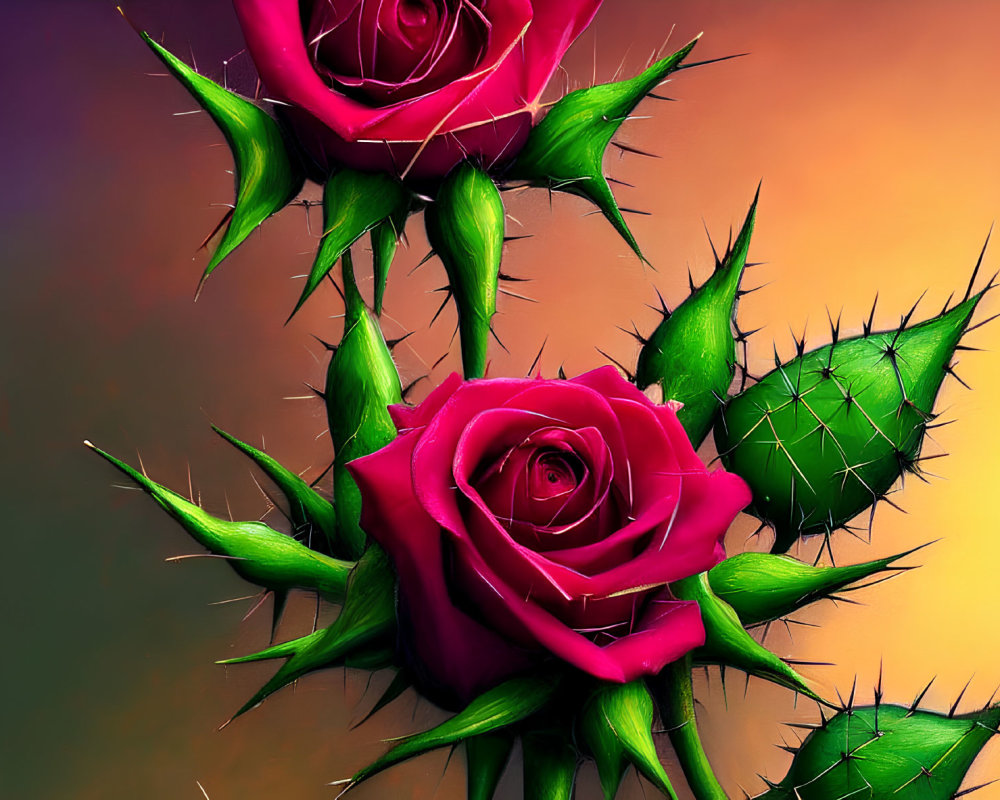 Vibrant pink roses with green thorns on orange and purple background