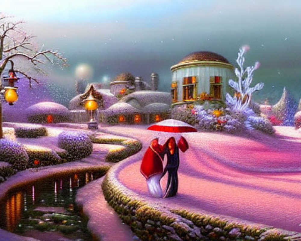 Winter Scene: Two Figures with Red Umbrella in Snowy Village