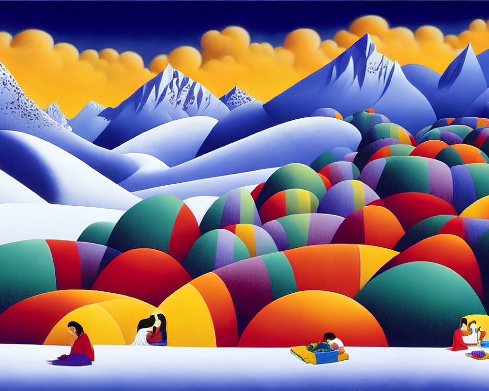 Colorful painting of people among rounded hills with snow-capped mountains and yellow sky