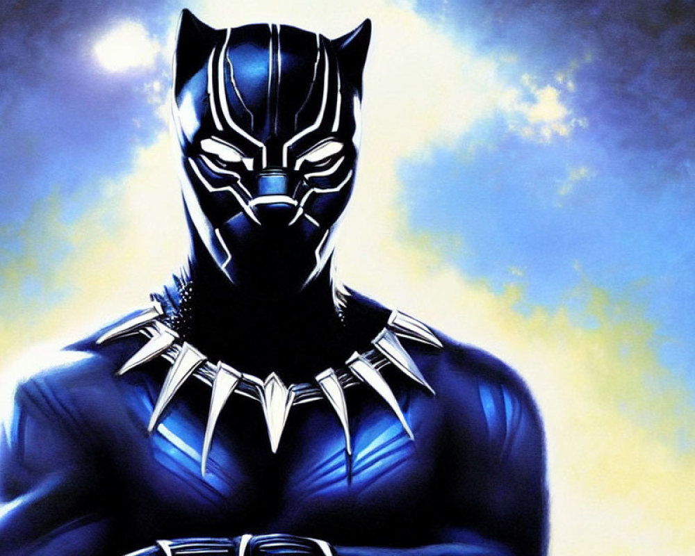 Detailed Black Panther Superhero Illustration with Silver Necklace on Blue Background