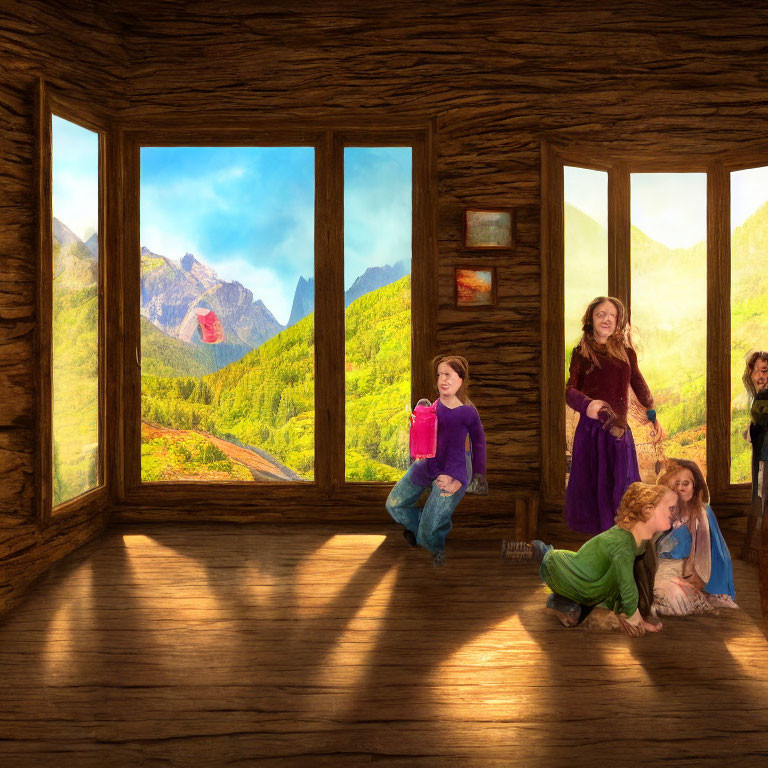 Wooden room with large windows overlooking mountain landscape and children playing.