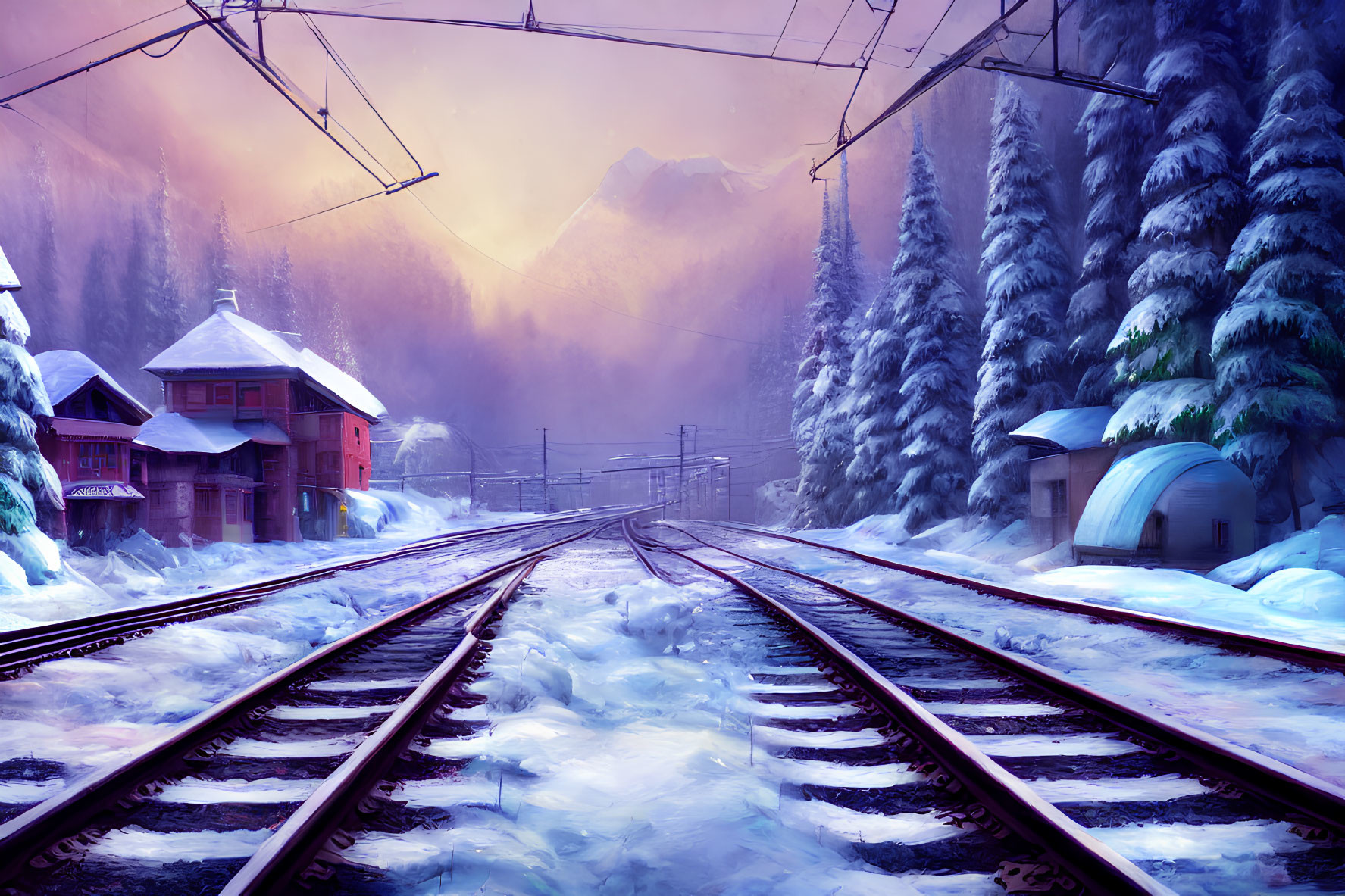 Snowy landscape with railroad tracks, station, frost-covered trees, and mountains at dusk.