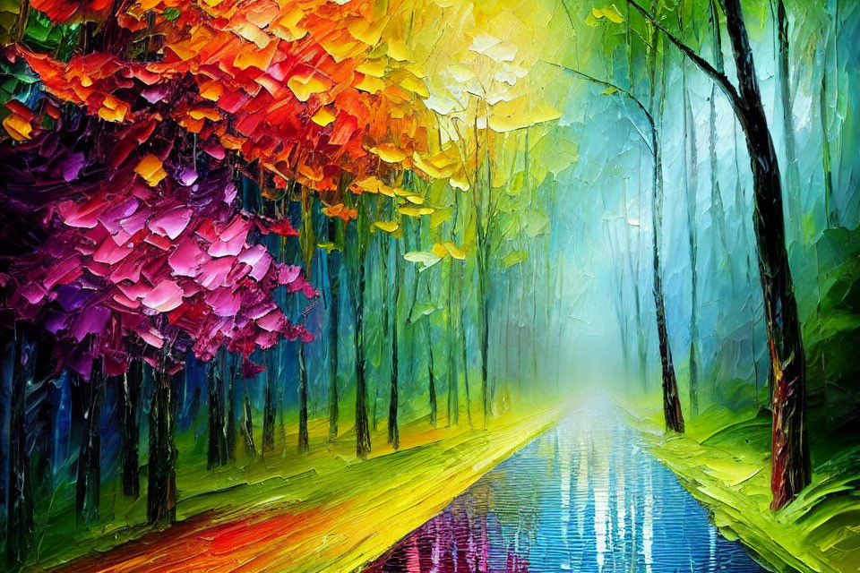 Colorful Forest Path Painting with Reflective Waterway