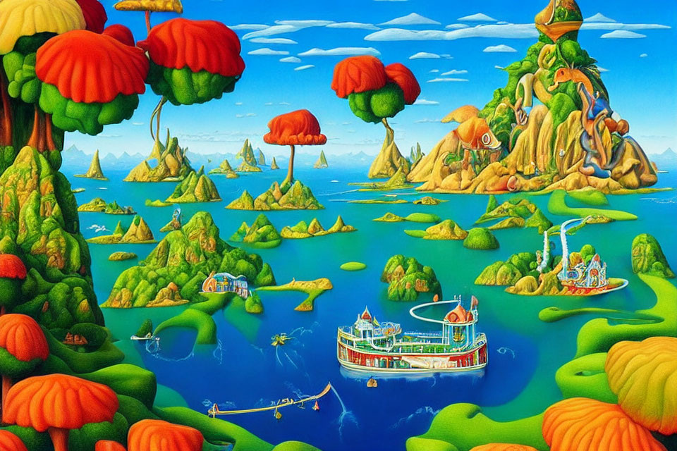 Fantastical landscape with colorful tree canopies and steamboat on blue-green waters